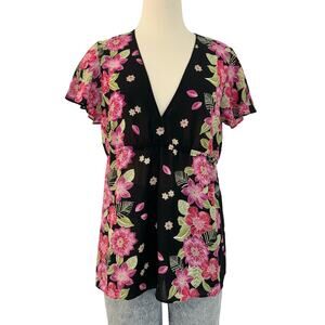 Oscar de la Renta Floral Georgette Pink/Black Blouse Top Short Sleeve Size M